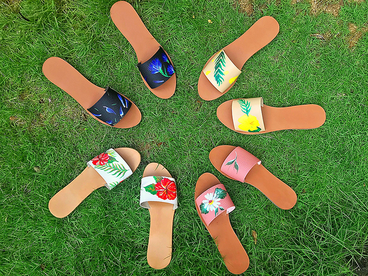 Hand-painted slip-ons and sandals by Tutti Vishendas Galang. Story published on Metro Mom by Meghann Hernandez